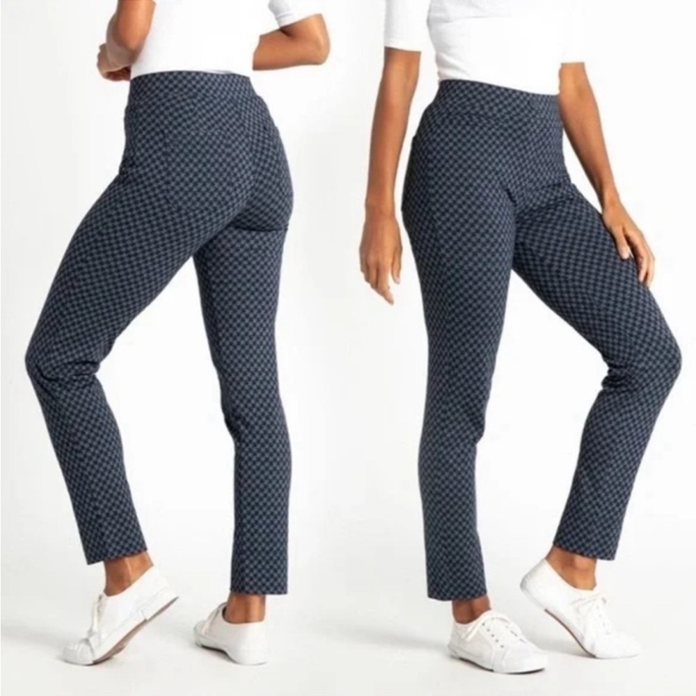 Betabrand Classic Dress Yoga Pants Straight Leg Howlstooth Navy Blue Medium Long
